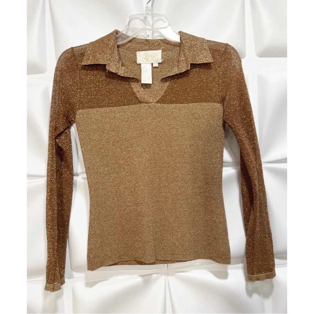 Cache Womens Sz S SILK Metallic Gold Mesh Upper Sweater Knit Blouse Top New Year
